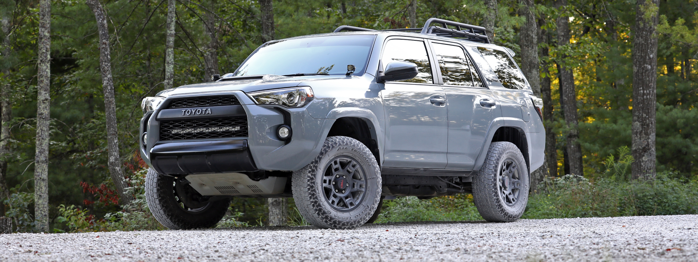 Capable SUV on a wet, tree-lined road, ready for Gulf Coast weather