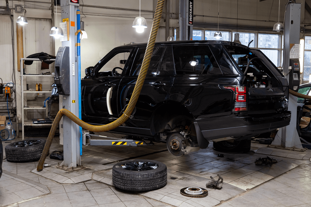 Land Rover in a service bay.